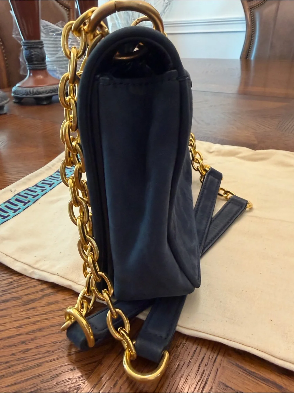 Tory Burch Black Suede Quilted Shoulder Bag with Gold Chain